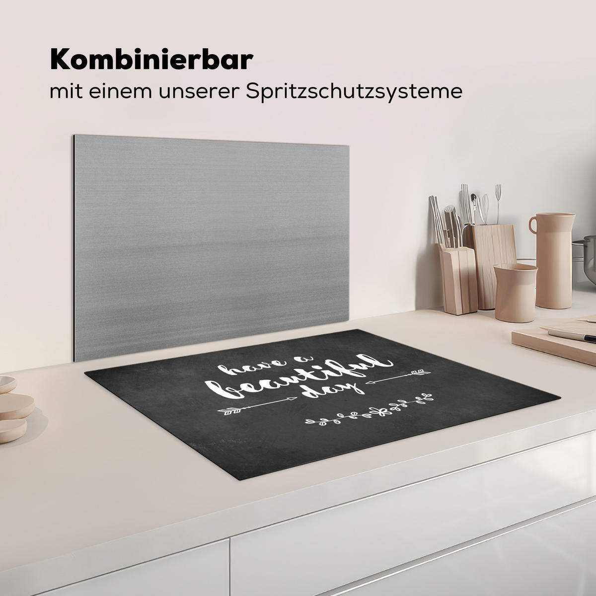 HERDABDECKPLATTE Zitat - Einen schönen Tag - Grau - Weiß Induktionsmatte 71x52 cm - Anthrazit, Kunststoff (71/52/0.2cm) - MuchoWow