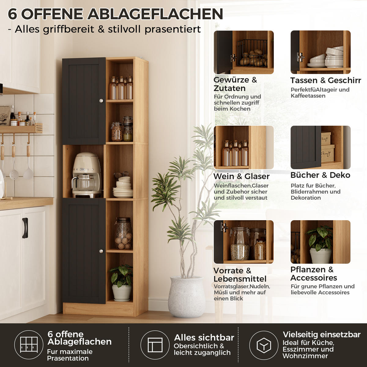 MEHRZWECKSCHRANK DE-38746 50/35,5/170 cm 6 offene Regale und 2 Türen Eiche - Naturfarben, Holzwerkstoff (50/170/35.5cm) - ComfortXL