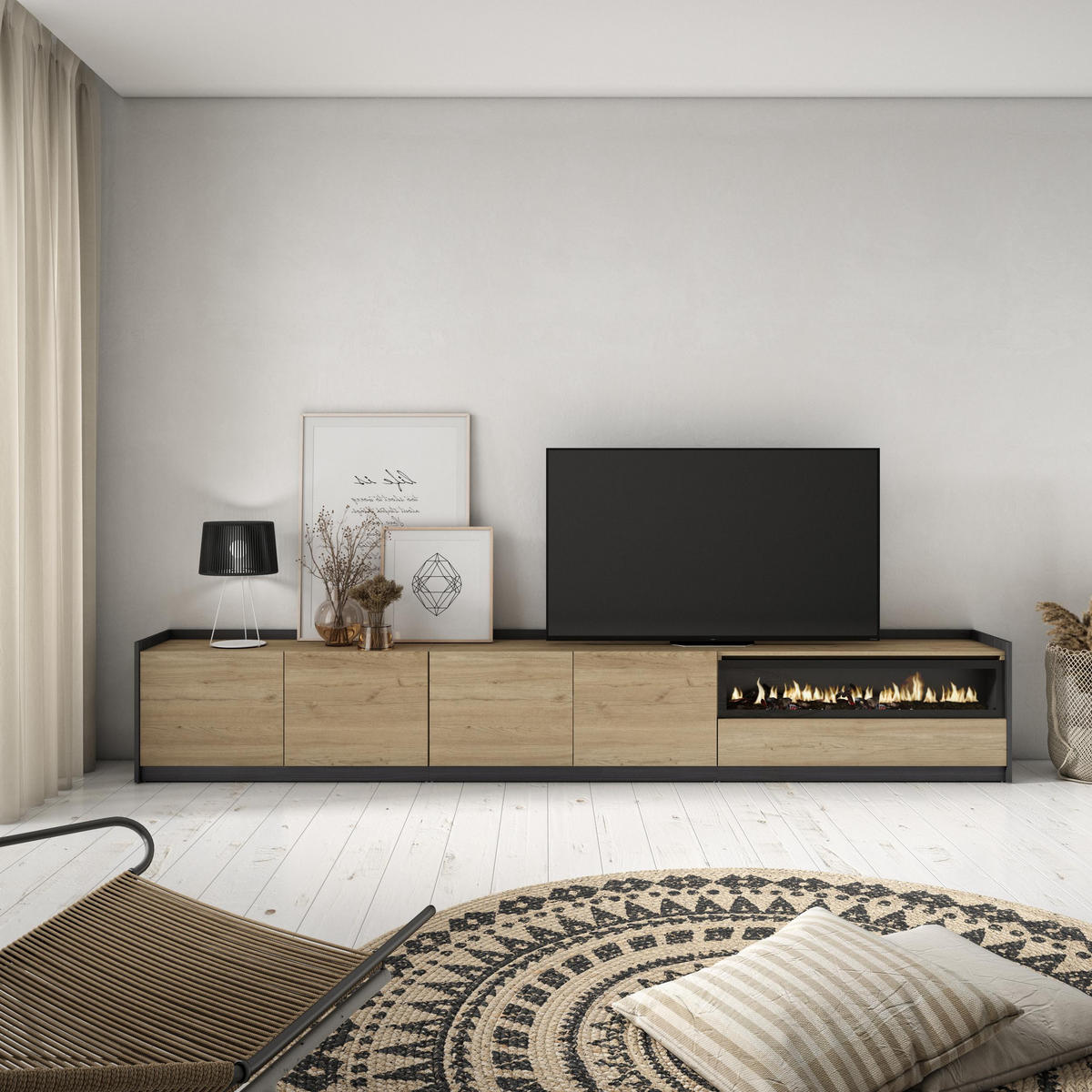 TV-SCHRANK, Lowboard, Eiche Schwarz, Elektrokamin, 310/37/50cm - Eichefarben, Holzwerkstoff (310/50/37cm) - Skraut Home
