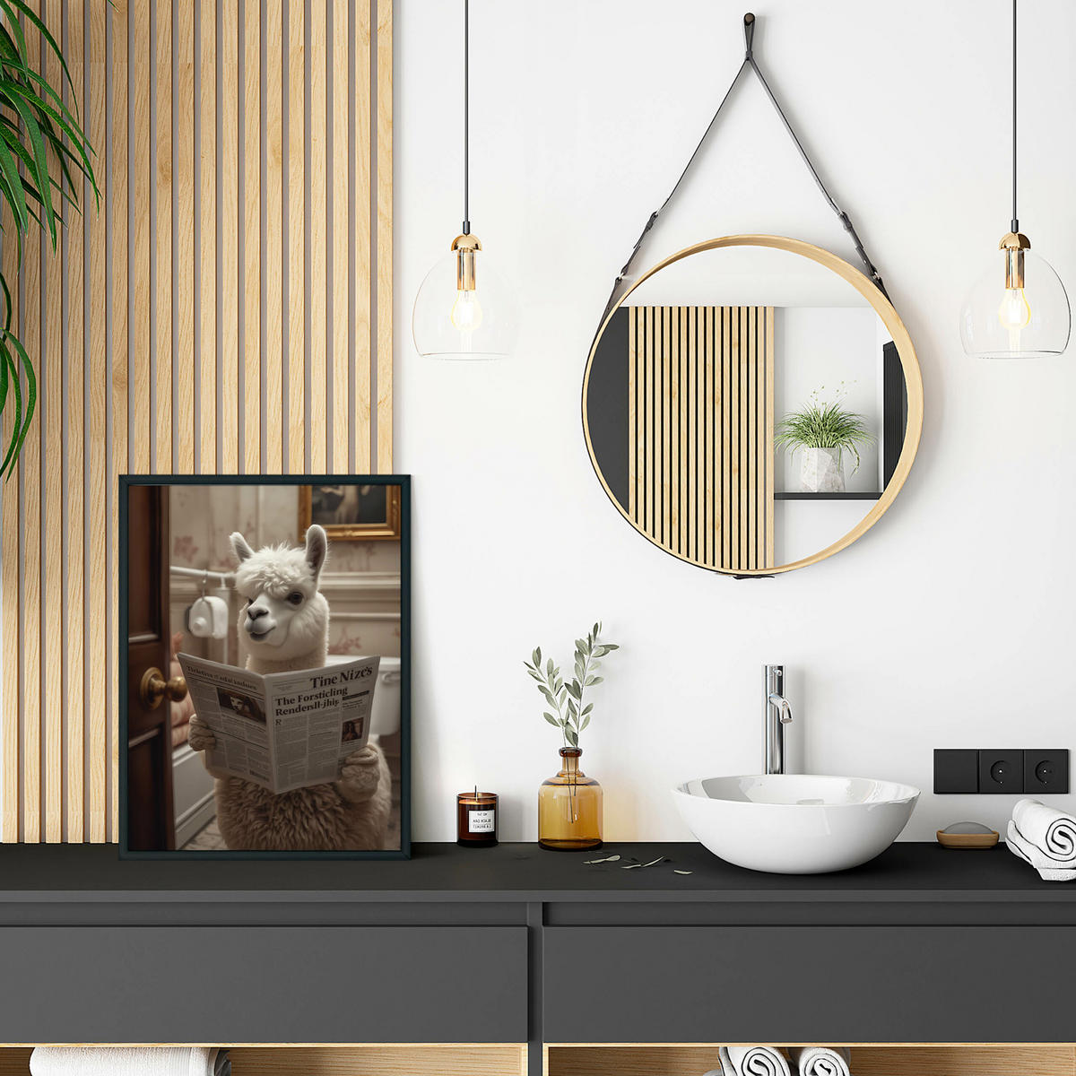 POSTER für WC Badezimmer ALPAKA mit Zeitung auf Toilette Abstraktion 50x70cm - Beige/Schwarz, Papier (50/70/70cm) - Muralo