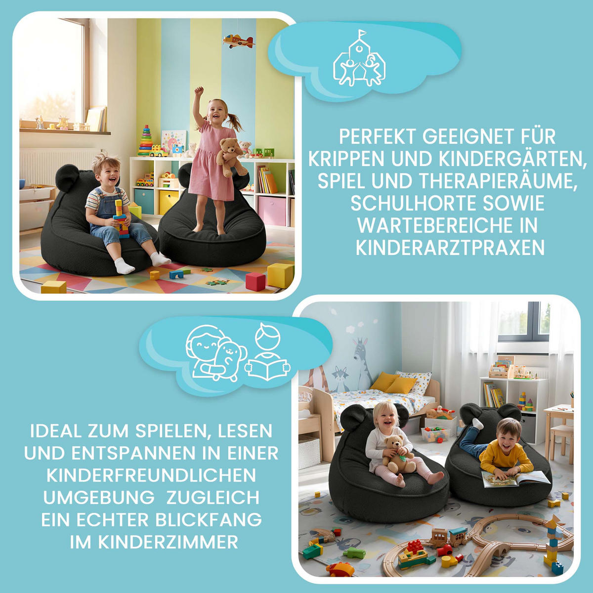 SITZSACK FÜR KINDER Maus 75/75/55 cm, weicher Bouclé 315 g/m², abnehmbarer Bezug, Steel Grey - Dunkelgrau, Textil (75/55/75cm) - Dreamroots