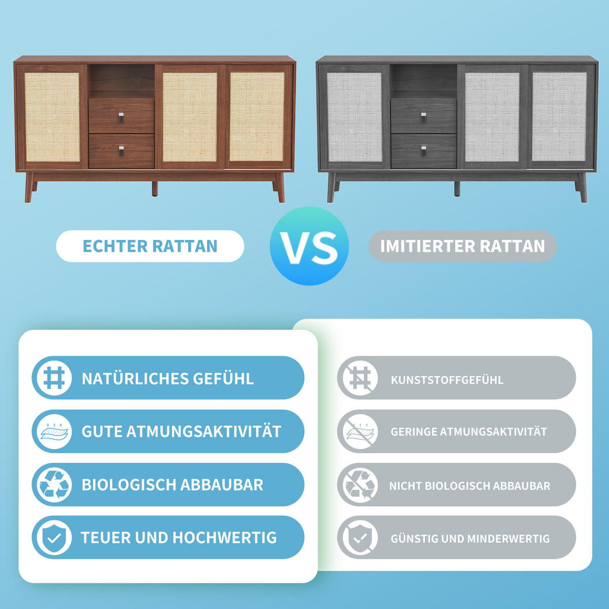 SIDEBOARD Rattan 155x38x80 cm 3 Türen 2 Schubladen - Naturfarben, Holz (155/80/38cm) - LEBENLANG