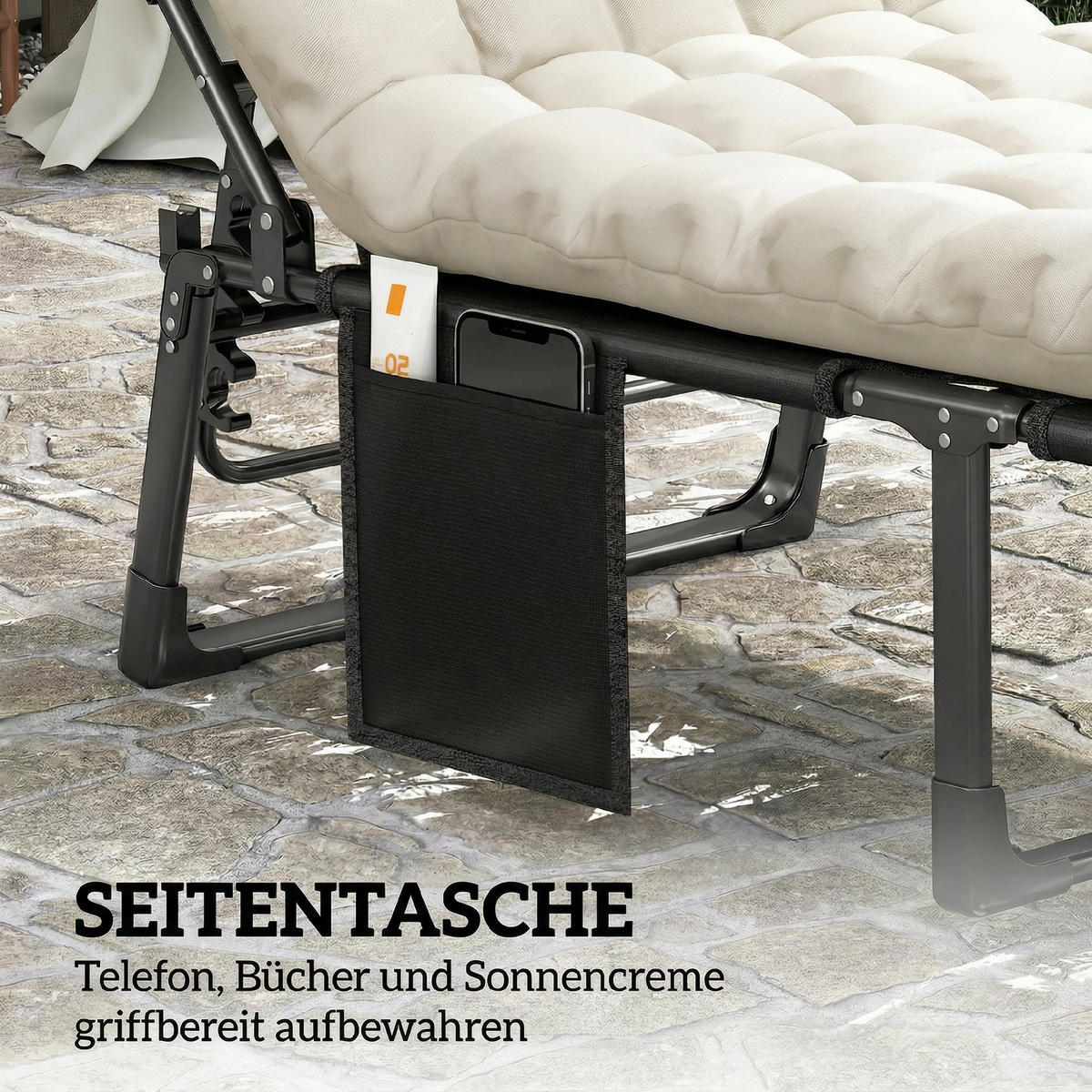 SONNENLIEGE Stahl Netzstoff Cremeweiß - Creme/Schwarz, Textil/Metall (68/34/190cm) - Outsunny