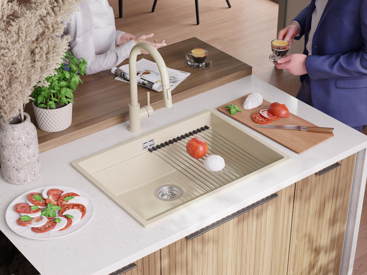 SPÜLBECKEN Praga Slim, 2-er set Beige 66/47 cm 1 Becken + Ablauf-Set + Aufrollbare Abtropffläche ab 70er Unterschrank - Chromfarben/Beige, Kunststoff (66/20/47cm) - Primagran