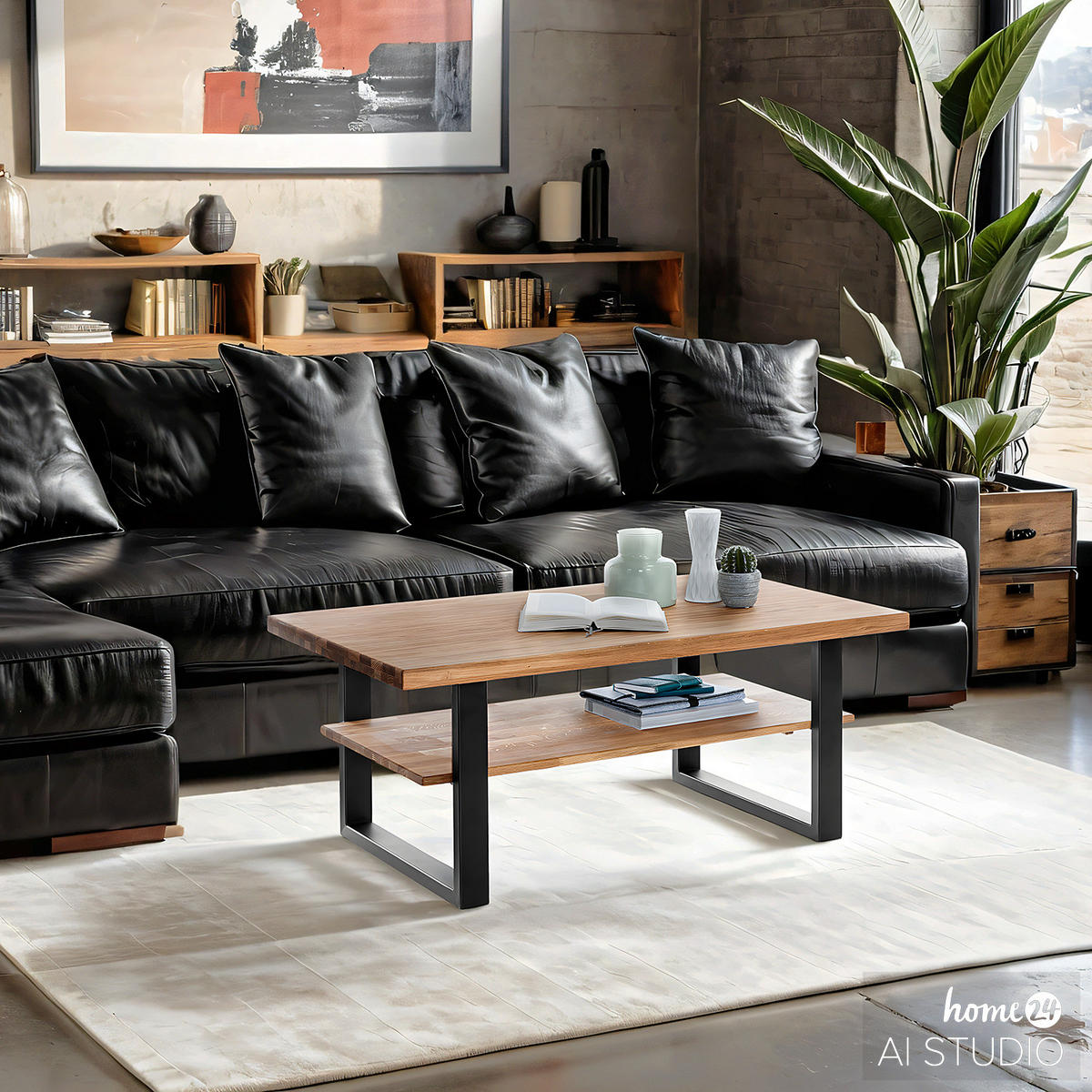 COUCHTISCH - Eiche massiv / Metall - Eiche / Schwarz - Schwarz/Braun, Holz/Holzwerkstoff (65/115/46cm) - home24