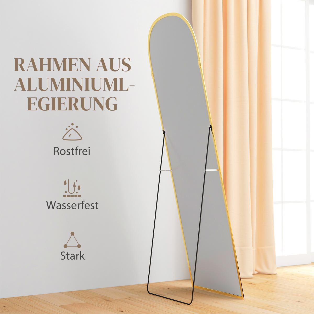 GANZKÖRPERSPIEGEL, 161,5 x 50 cm Wandspiegel mit Ständer für Wohnzimmer Gold - Goldfarben, Glas (50/161.5/1.5cm) - HOMCOM