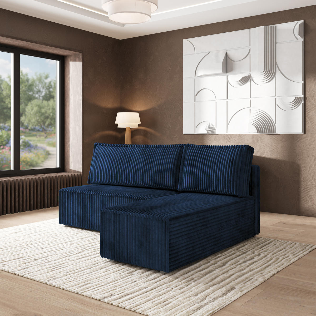 ROHOVÁ SEDAČKA BRISO modrá - šedá/modrá, dřevo/textil (200/140cm) - MASSENO