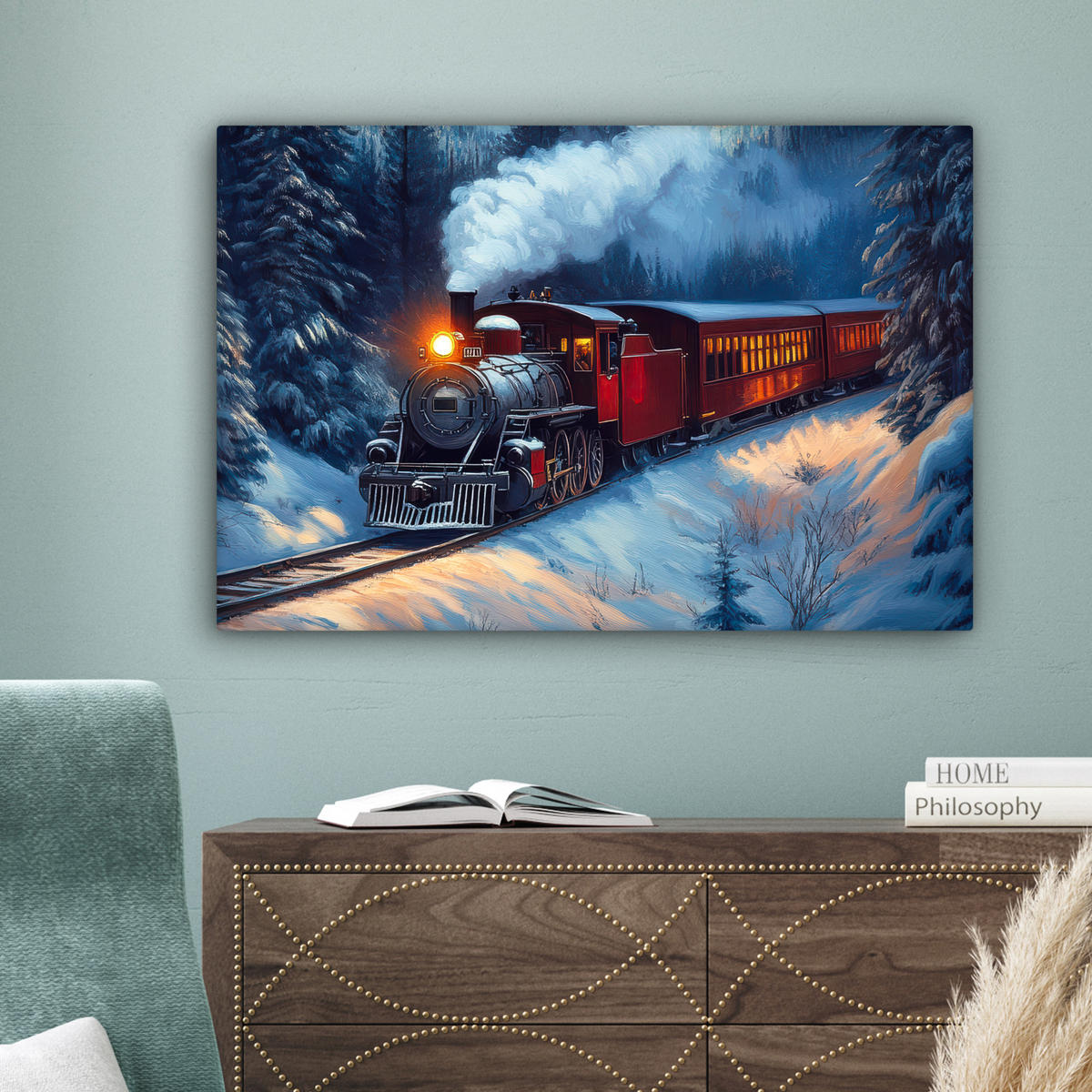 LEINWANDBILD Zug - Weihnachten - Schnee - Weihnachtszug Gemälde 60x40 cm - Anthrazit, Textil (60/40cm) - MuchoWow