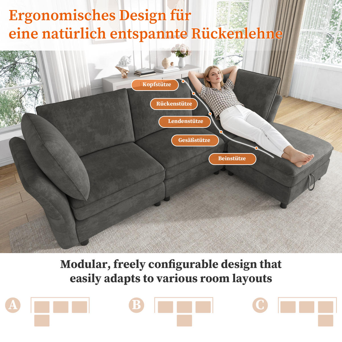ECKSOFA 225/137/84 cm Grau mit Stauraum‑Hocker - Grau, Textil (225/137cm) - Oxeza