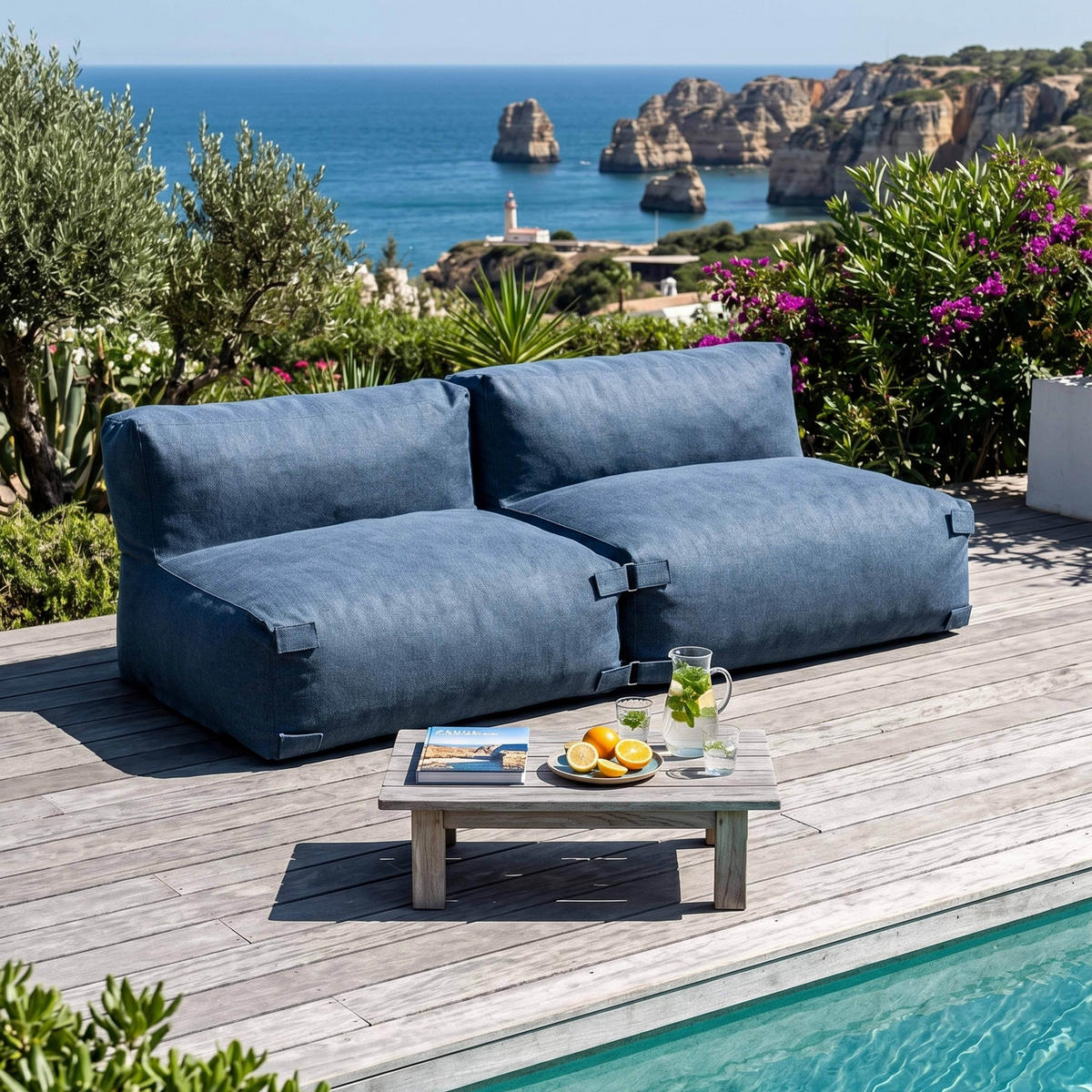 GARTENSOFA mit 2 Sitzplätzen, Pazifikblau - Blau, Textil - Oviala
