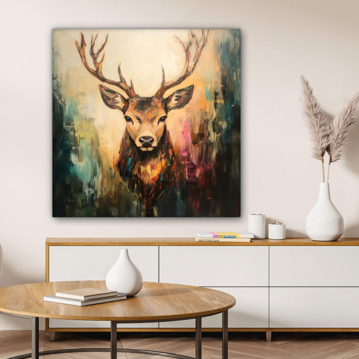 LEINWANDBILD Hirsch - Gemalt - Geweih - Braun 90x90 cm - Haselnussfarben, Textil (90/90cm) - MuchoWow