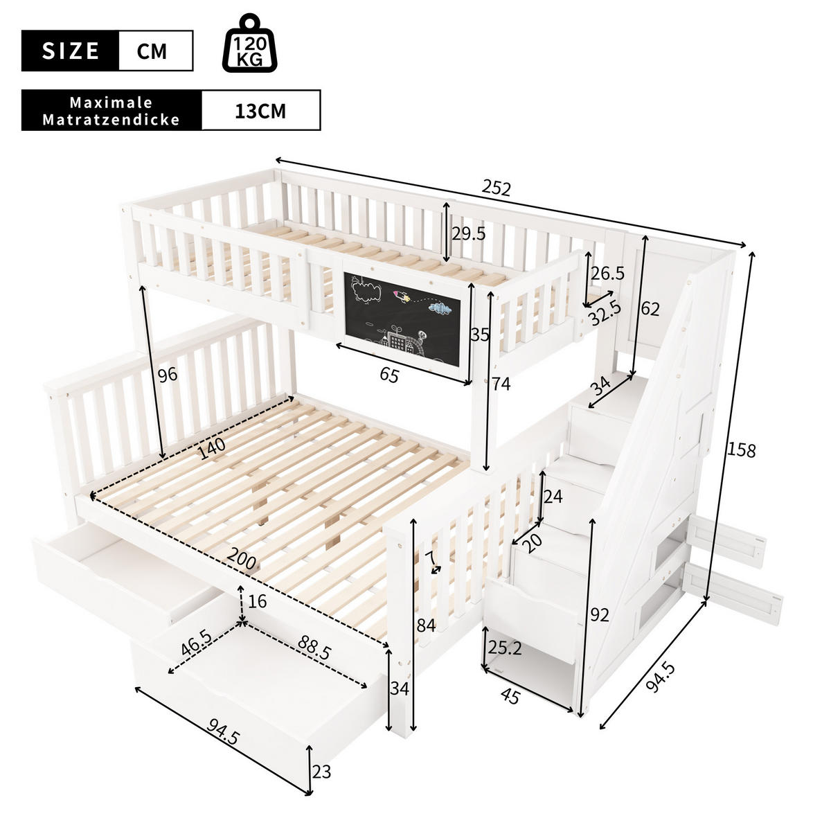ETAGENBETT 90/200 + 140/200 cm in Weiß mit Treppe, Tafel und Stauraum - Weiß, Holz (90/200cm) - Flora Grace