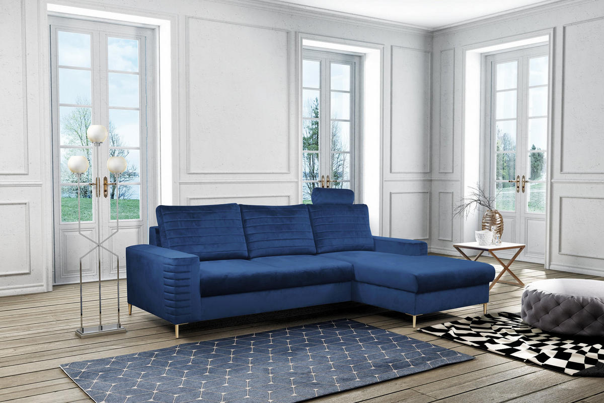 ECKSOFA GRIFO R-S Blau Velours-Stoff mit Schlaffunktion - Blau, Holz (253/165cm) - MASSENO