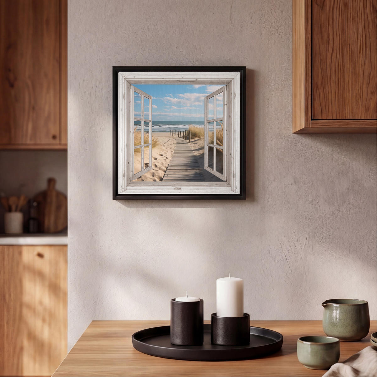 LEINWAND Bilder mit Rahmen - Fenster - Meer - Küste - Natur - Ausblick - Strand - Wattenmeer - 20x20 - Beige, Textil (20/20cm) - MuchoWow