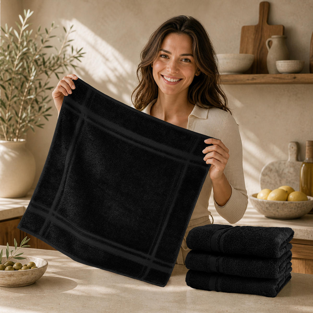 FROTTEE Küchenhandtücher 50x50 cm, 4er Set, Schwarz - Schwarz, Textil (50/50cm) - Lashuma