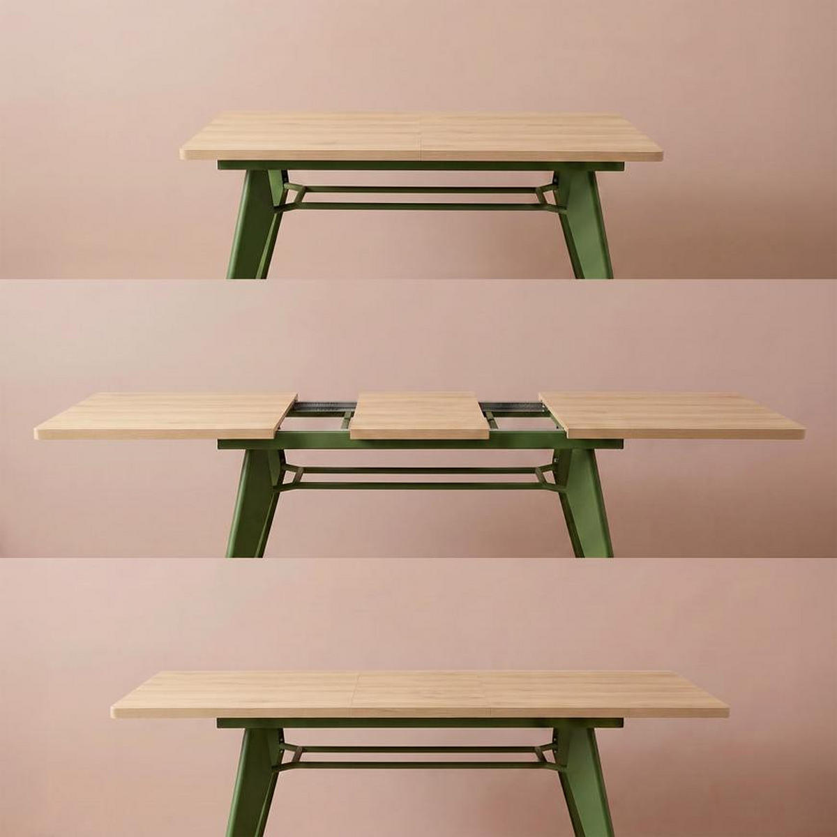 ESSTISCH ausziehbar 140/180cm Metallbeine Khaki und Tischplatte Eiche-Optik Meloe - Eichefarben/Grün, Holzwerkstoff/Metall (90/140/76cm) - Sicaan