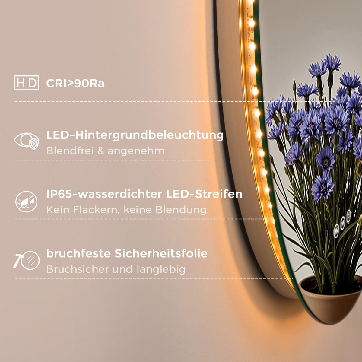 BADSPIEGEL MIT BELEUCHTUNG 60 cm Rund mit dimmbarer LED-Beleuchtung und Antibeschlag - Transparent, Glas (60/60/3.5cm) - S'AFIELINA
