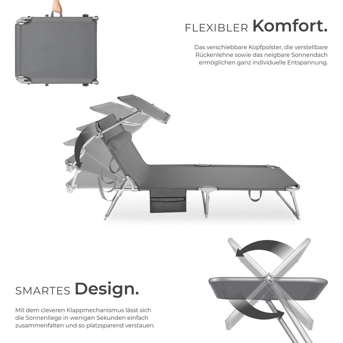 SONNENLIEGE 2er Set Chloé, 190 x 68 x 111 cm, mit Seitentasche, grau - Grau, Kunststoff (68/111/161cm) - tectake