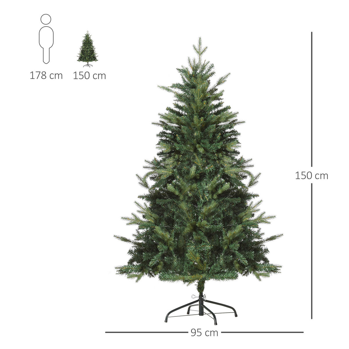 WEIHNACHTSBAUM 1,5 m Christbaum Kunsttanne 946 Zweige Metallfuß PVC Weiß - Grün, Kunststoff (150cm) - HOMCOM