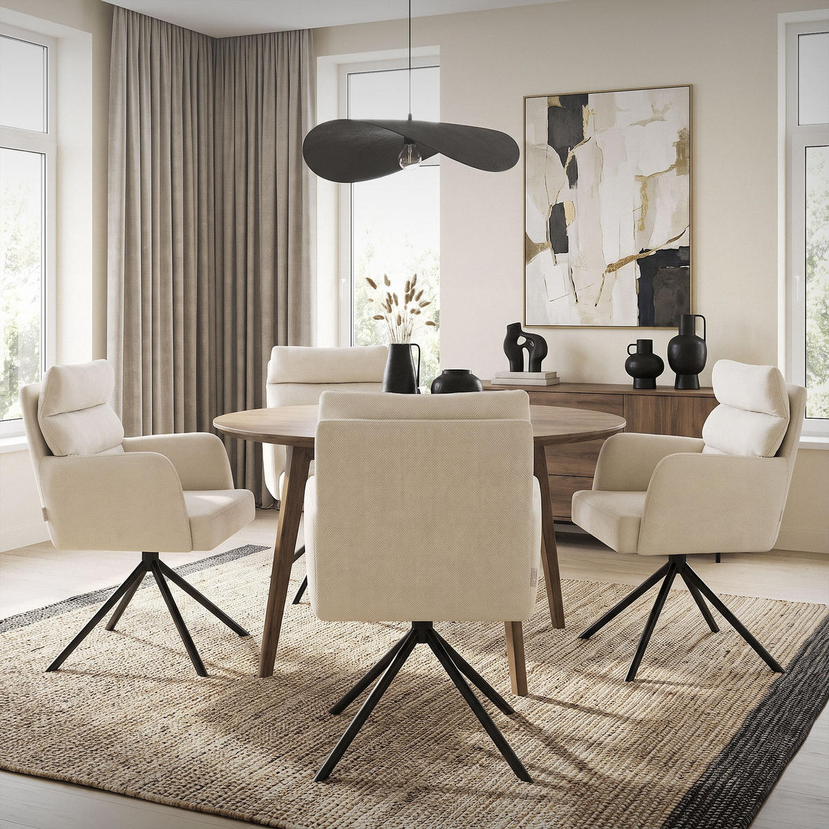 ESSZIMMERSTUHL 2er Set drehbar Beige Stoffbezug - Beige/Schwarz, Textil/Metall (64.5/93/64cm) - ML-DESIGN