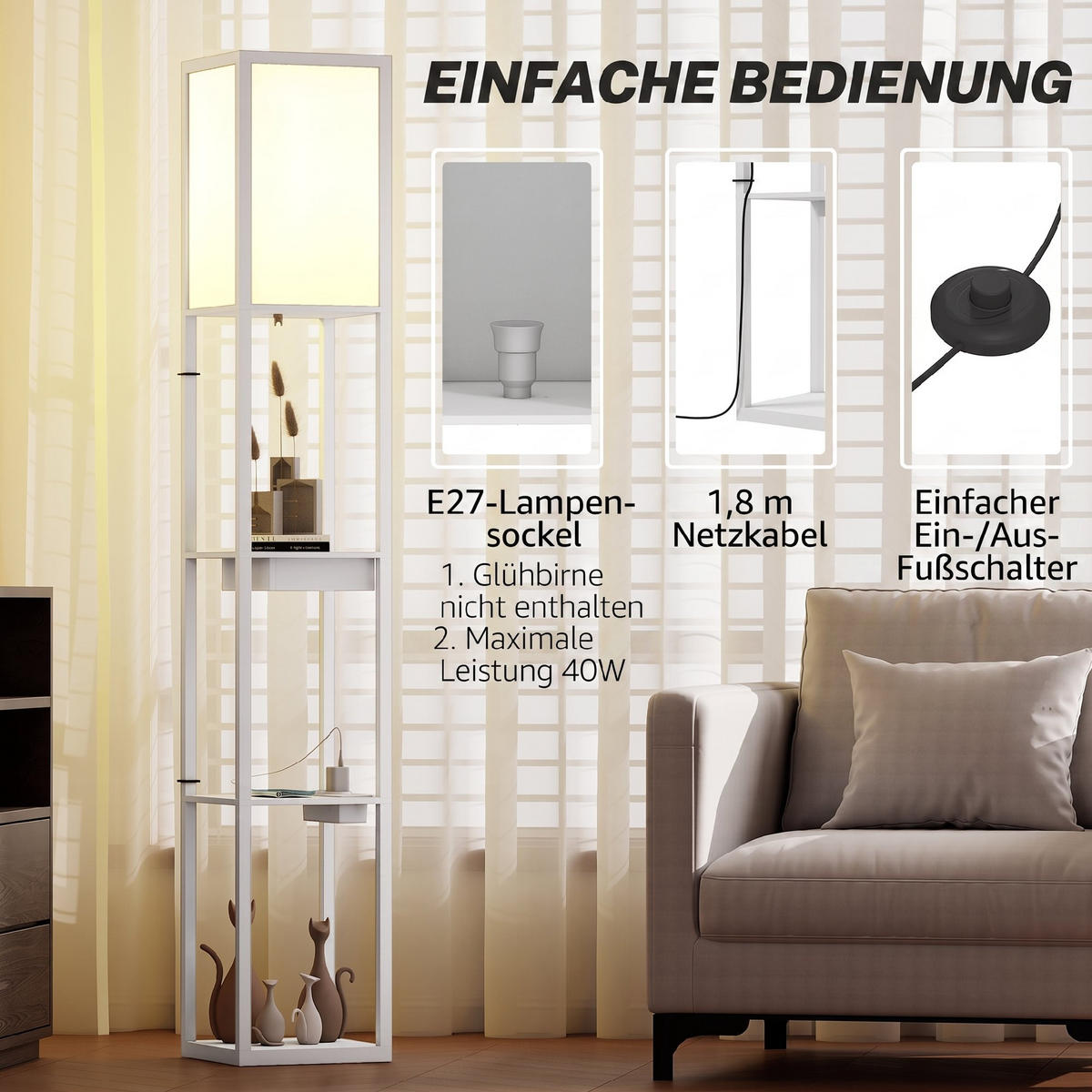 STEHLAMPE MDF Kunststoff Weiß - Weiß, Holzwerkstoff (26/26/159cm) - HOMCOM