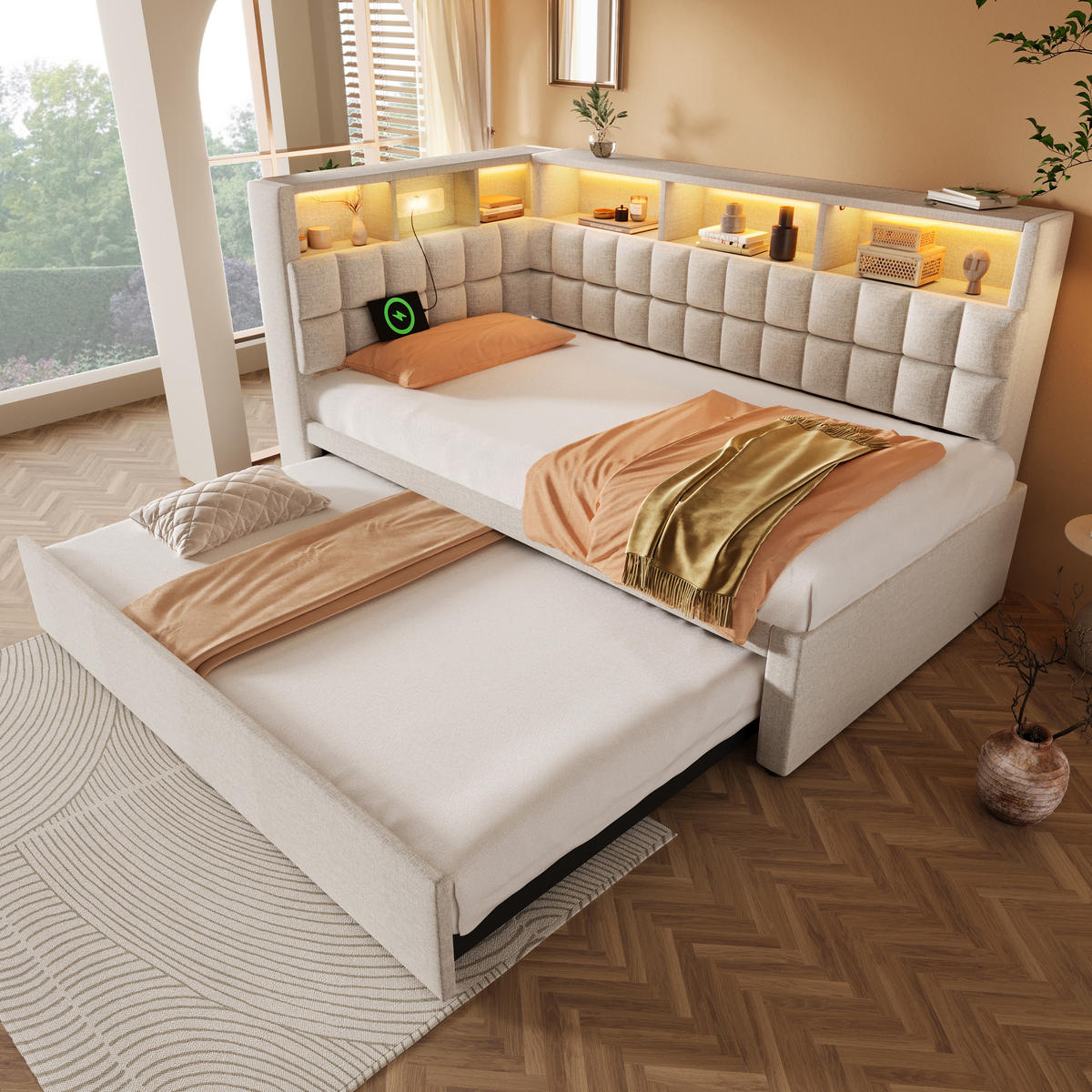 BETT mit Ausziehbett 90x200 cm Leinen Beige - Beige, Metall (90/200cm) - Meubliv