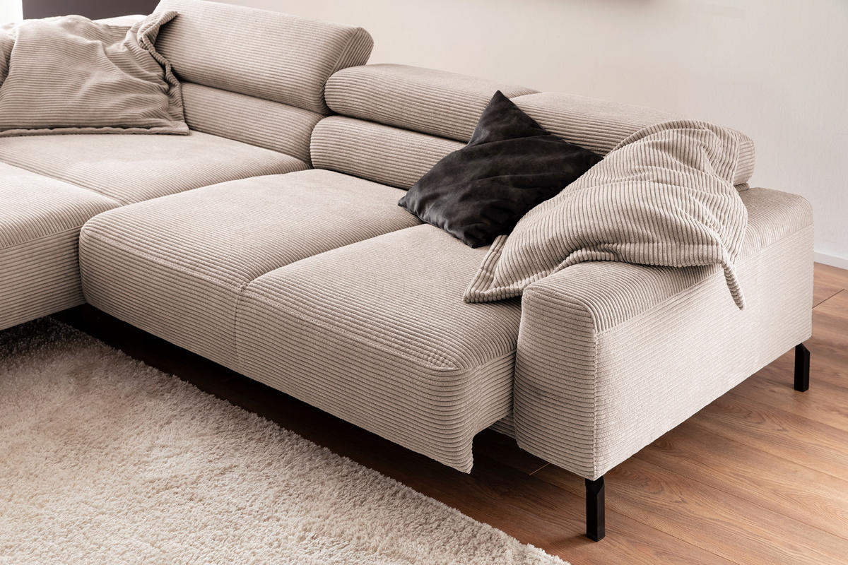 ECKSOFA MIT MOTORISCHEM SITZVORZUG DELIA Taupe Cord - Taupe/Schwarz, Textil/Metall (312/219cm) - KAWOLA