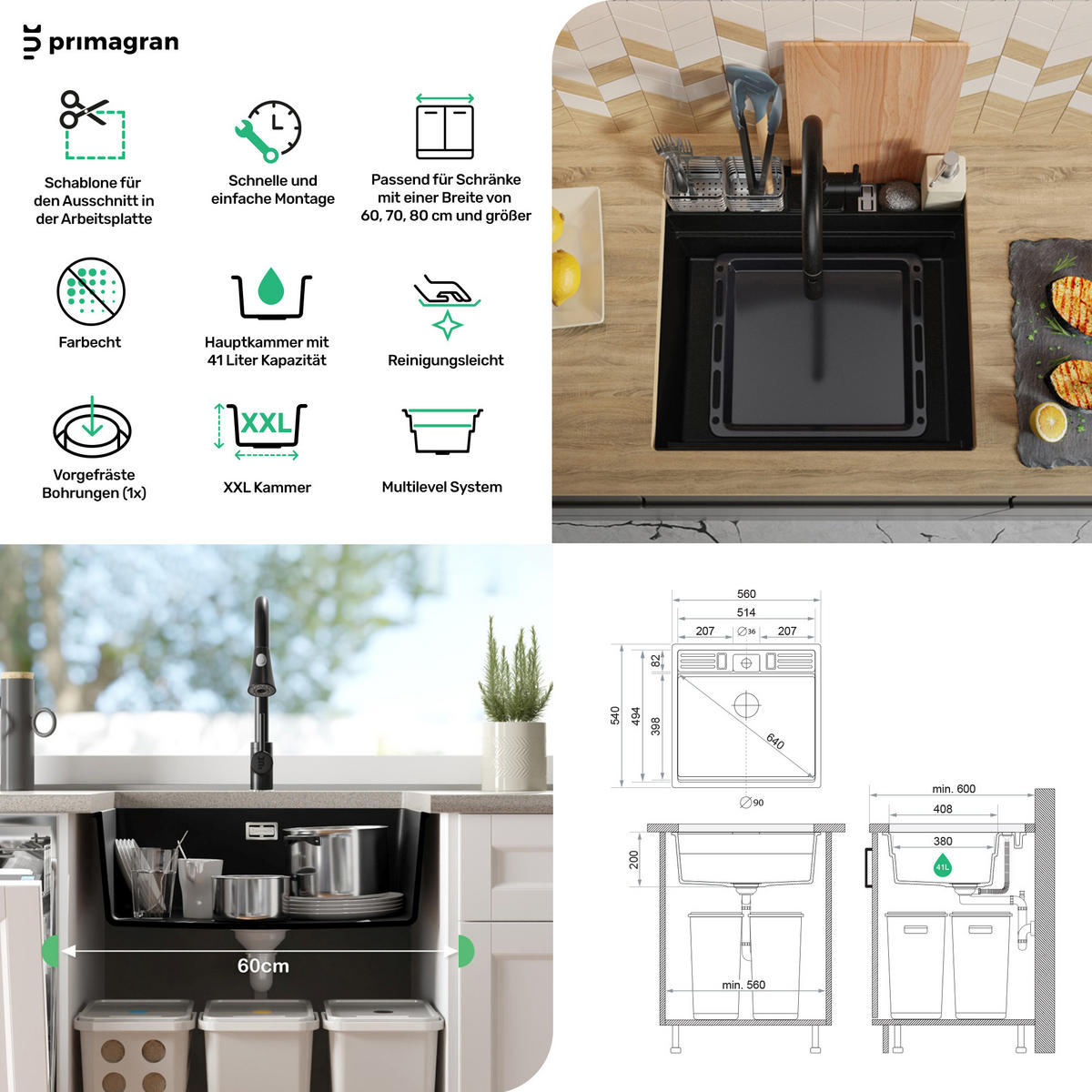 UNTERBAUSPÜLE GRANIT Bergen Pocket, 2-er set Weiß 56/54 cm 1 Becken + Ablauf-Set + Küchenzubehörset ab 60er Unterschrank - Chromfarben/Beige, Kunststoff (56/20/54cm) - Primagran