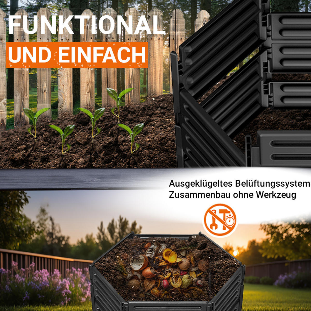 STECKKOMPOSTER 1100 L, schwarz - Schwarz, Kunststoff (111/135/111cm) - GARANTIA