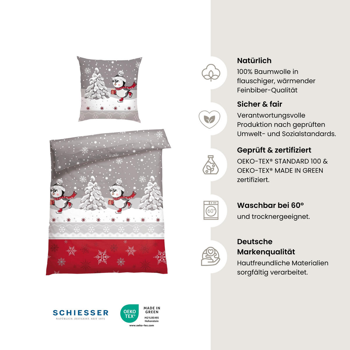 BETTWÄSCHESET Telso - Feinbiber - 2-teilig - 155 x 220 cm - Grau - Grau, Textil (155/220cm) - SCHIESSER