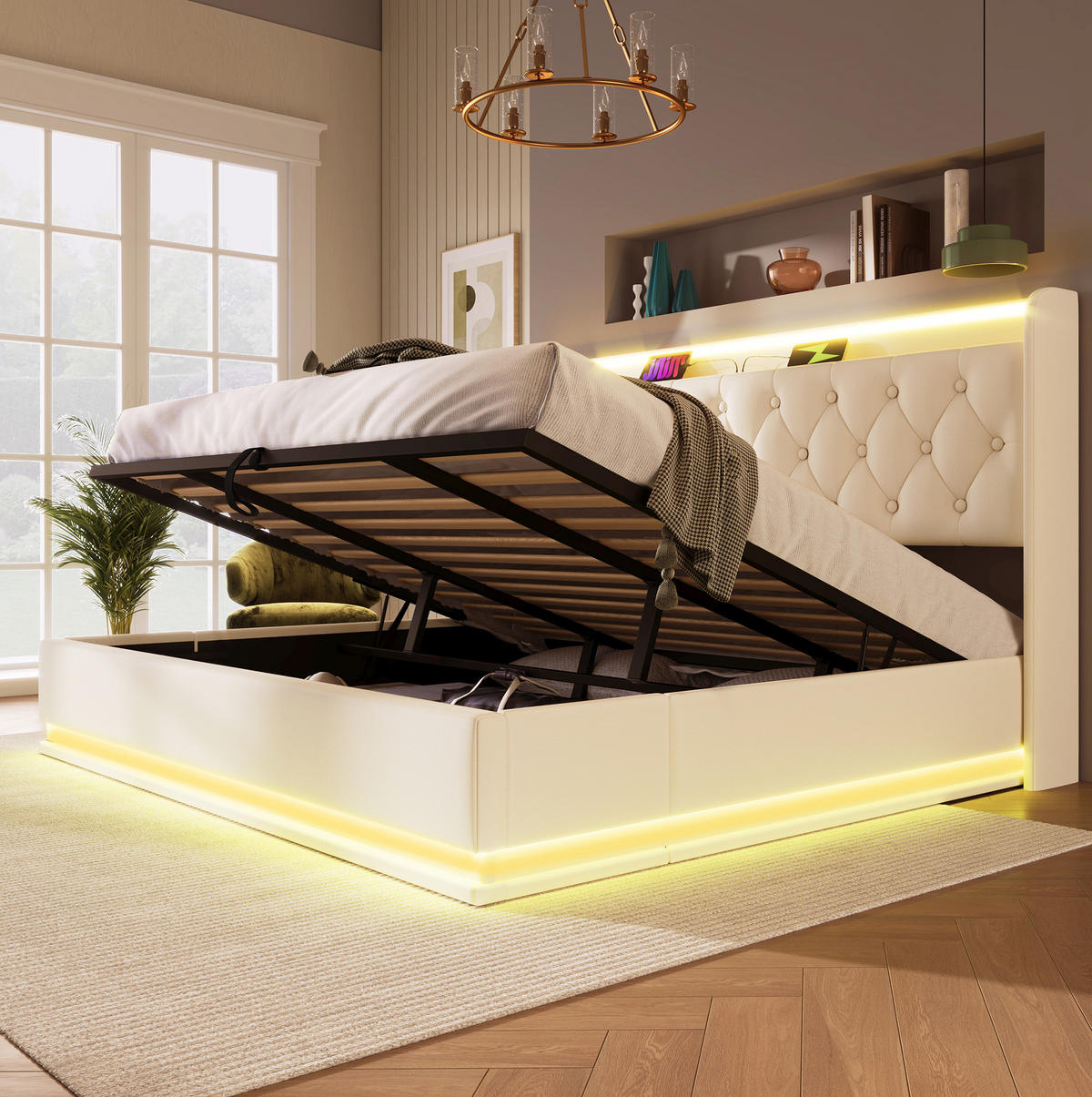 POLSTERBETT 180/200 cm mit hydraulischem Bettkasten, 360°-LED & USB/Typ-C am Kopfteil, weiß - Weiß, Kunststoff (180/200cm) - Redom
