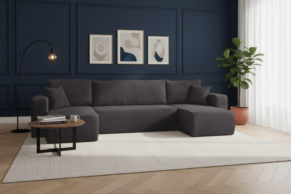 WOHNLANDSCHAFT LUNA U-FORM mit Schlaffunktion und Bettkasten (Dunkelgrau) - Dunkelgrau, Textil (312/83/142cm) - VENASI MÖBEL