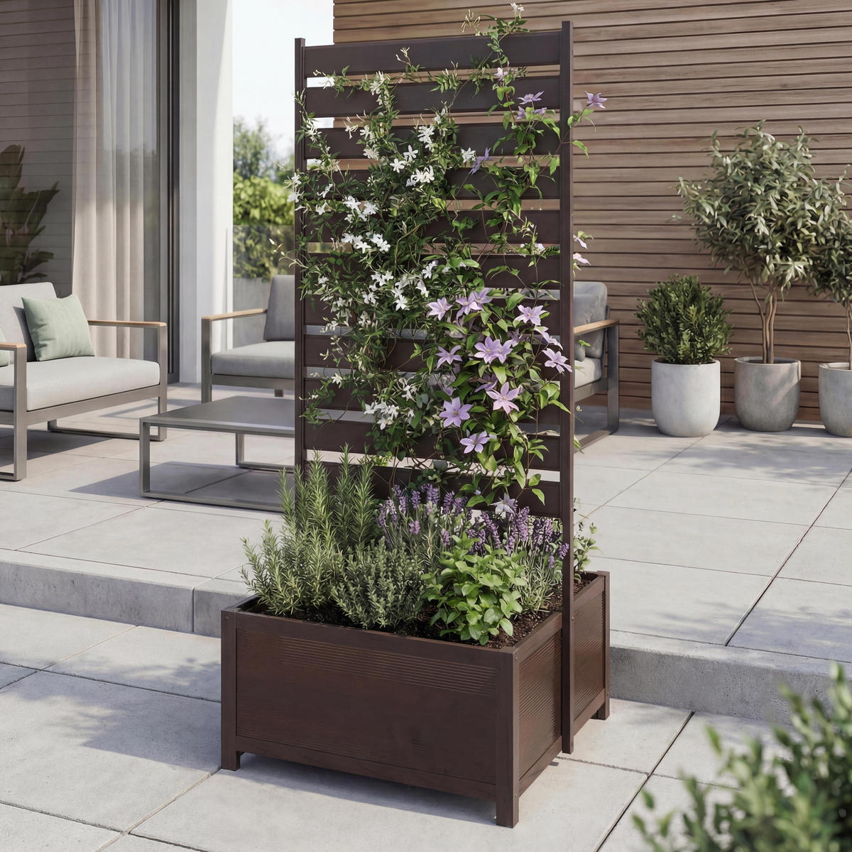 BLOMRABATT MED KLÄTTRINGSGALLER Mörkbrunt - Mörkbrun, Metall (60/158/75cm) - MCW
