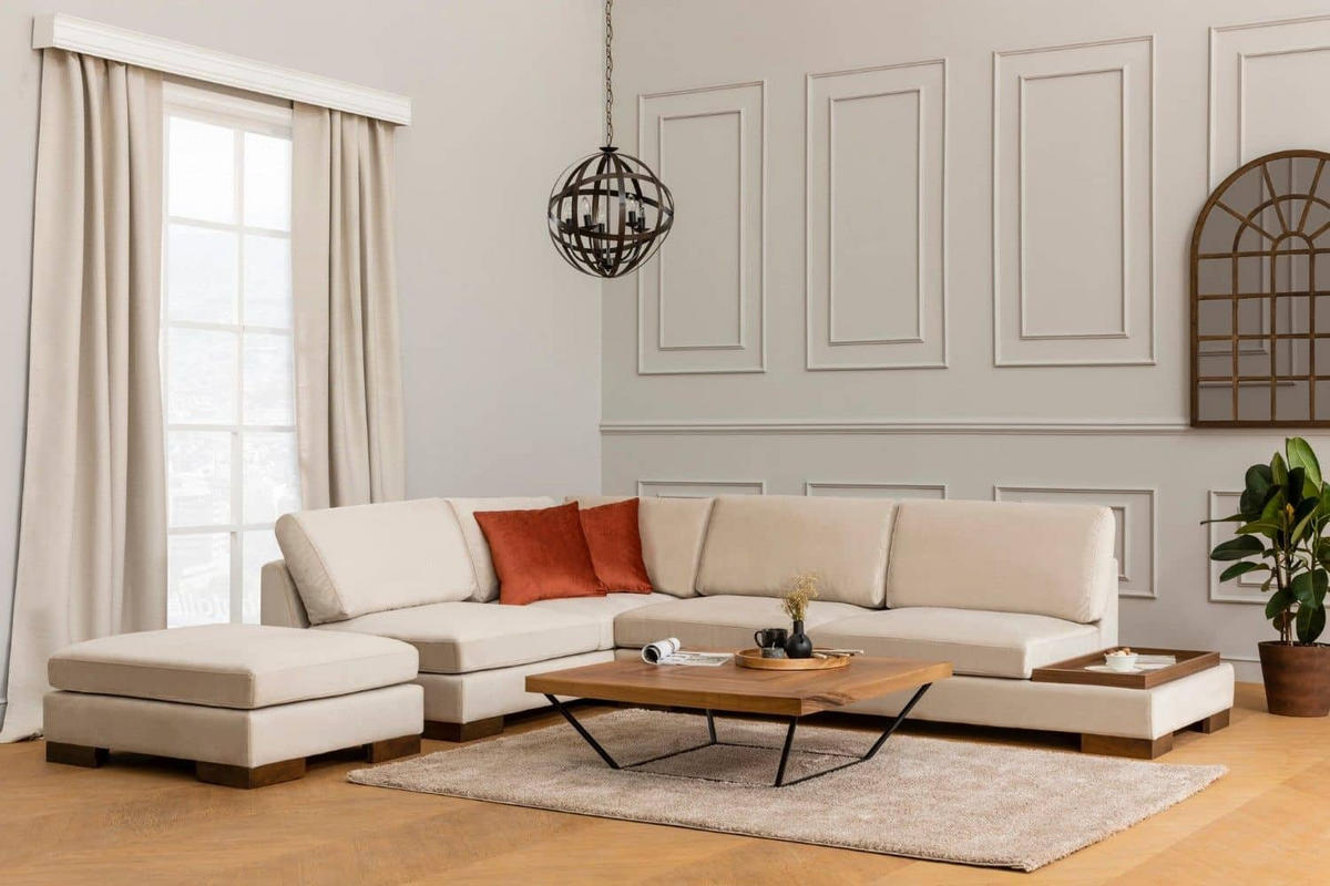 ECKSOFA mit Hocker und Lounge-Design - Beige/Walnussfarben, Holz/Textil (313/193cm) - myHomelando