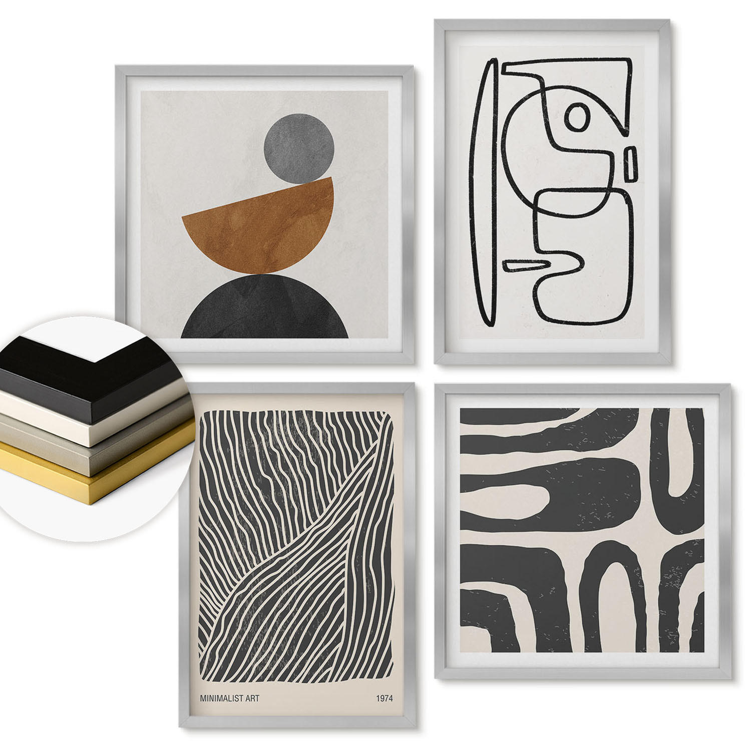 WANDBILDER 4er Set - 50x50 cm & 40x60 cm Silberner Rahmen - Abstrakte Muster mit Linien - Silberfarben, Kunststoff (50/50cm) - ArtPrintCave