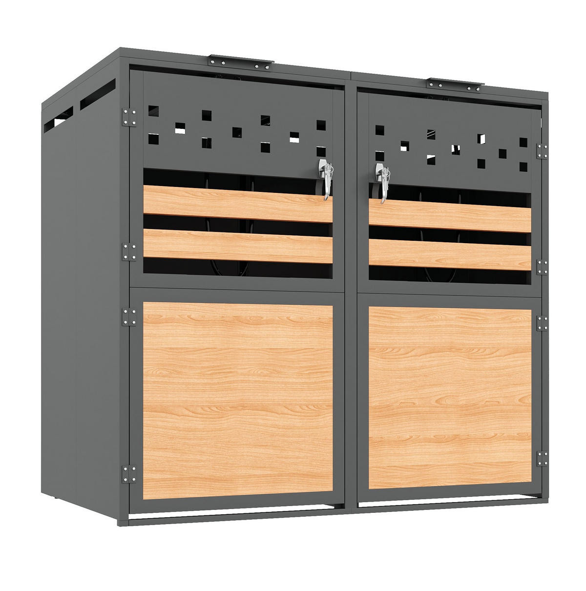 MÜLLTONNENBOX aus Stahl in Grau/Holzoptik mit hydraulischem Klappdeckel 132x80x120 cm - Grau, Metall (132/120/80cm) - Modfu