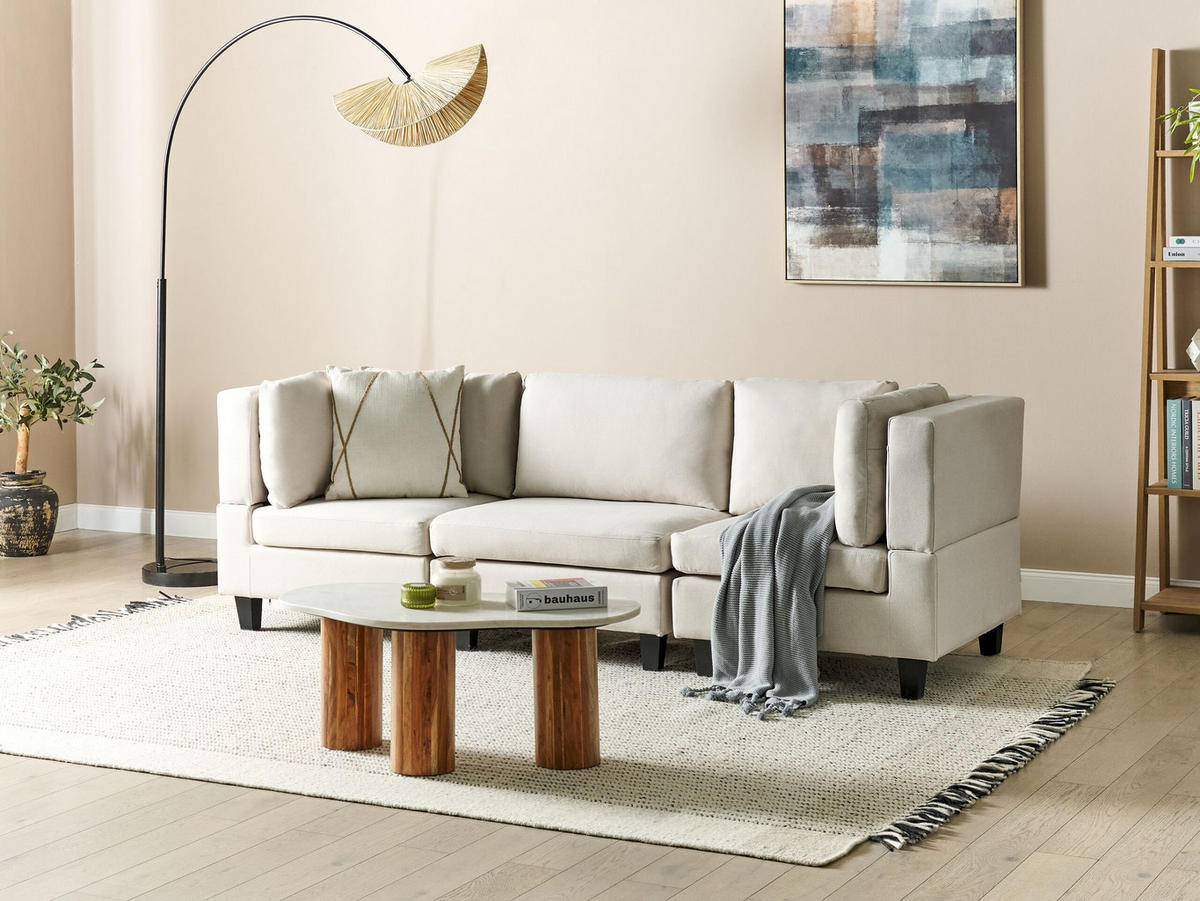 3-SITZER-SOFA Leinenoptik hellbeige Unstad - Beige/Schwarz, Textil (228/72/76cm) - Beliani