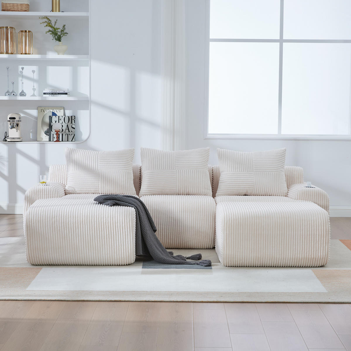 WOHNLANDSCHAFT 268/174/80 cm Beige mit 2 Fußhocker, 2 Becherhalter und Aufbewahrungstaschen - Beige, Textil (268/80/174cm) - Oxeza