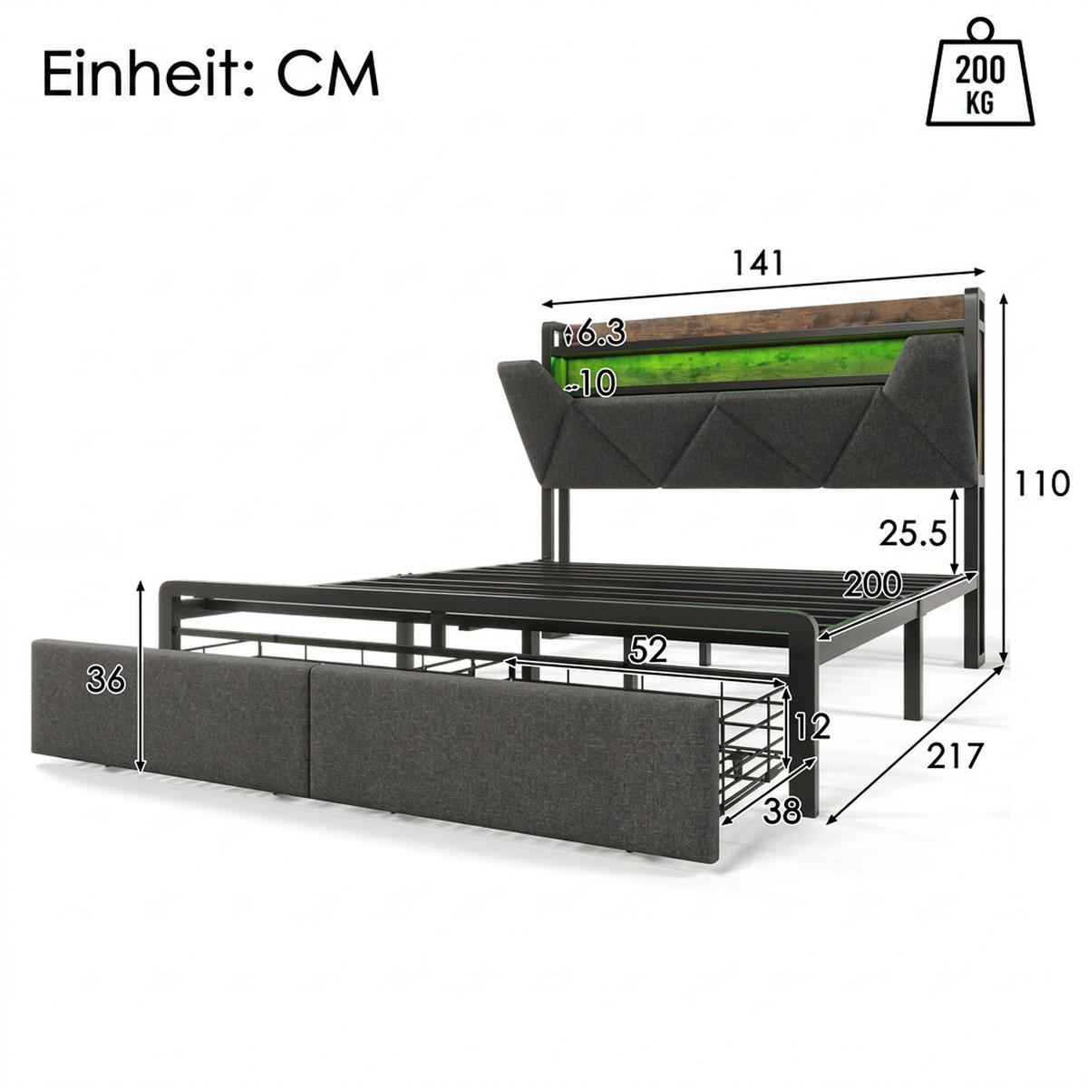 POLSTERBETT 140/200 cm Grau mit USB Typ C Ladefunktion, LED-Beleuchtung und 2 Schubladen - Grau, Textil (140/200cm) - Oxeza