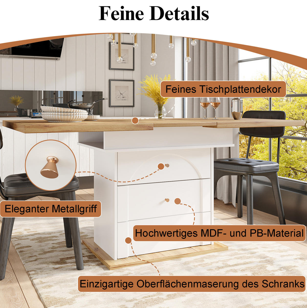 ESSTISCH Ausziehbarer aus MDF mit Stauraum, 110-140/80/75 cm, Weiß/Natur - Weiß, Holzwerkstoff (110/80/75cm) - Redom