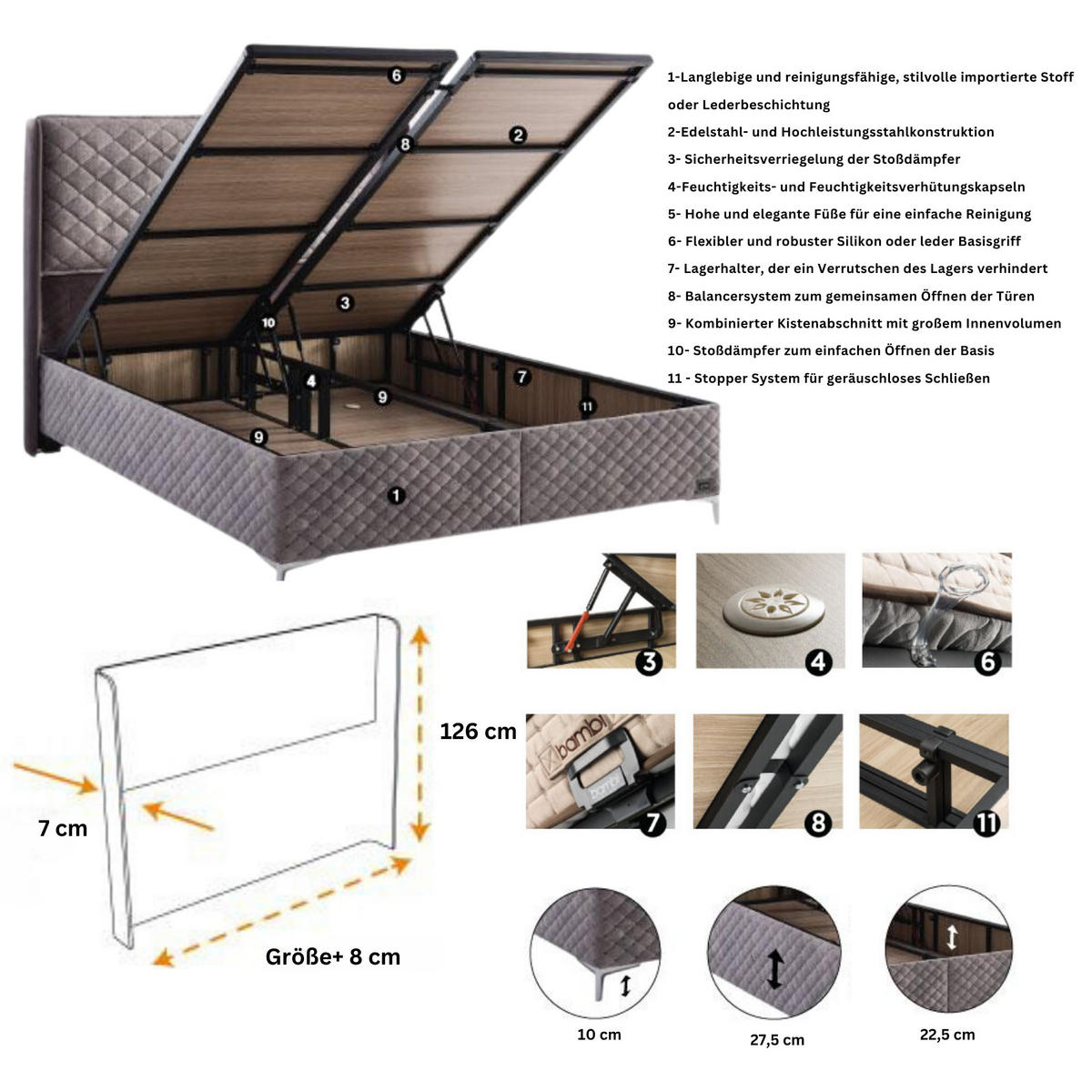 BOXSPRINGBETT Bambi Bett mit Matratze Thermo Control Anthrazit 180x200 - Anthrazit, Holz/Metall (180/200cm) - Bambi