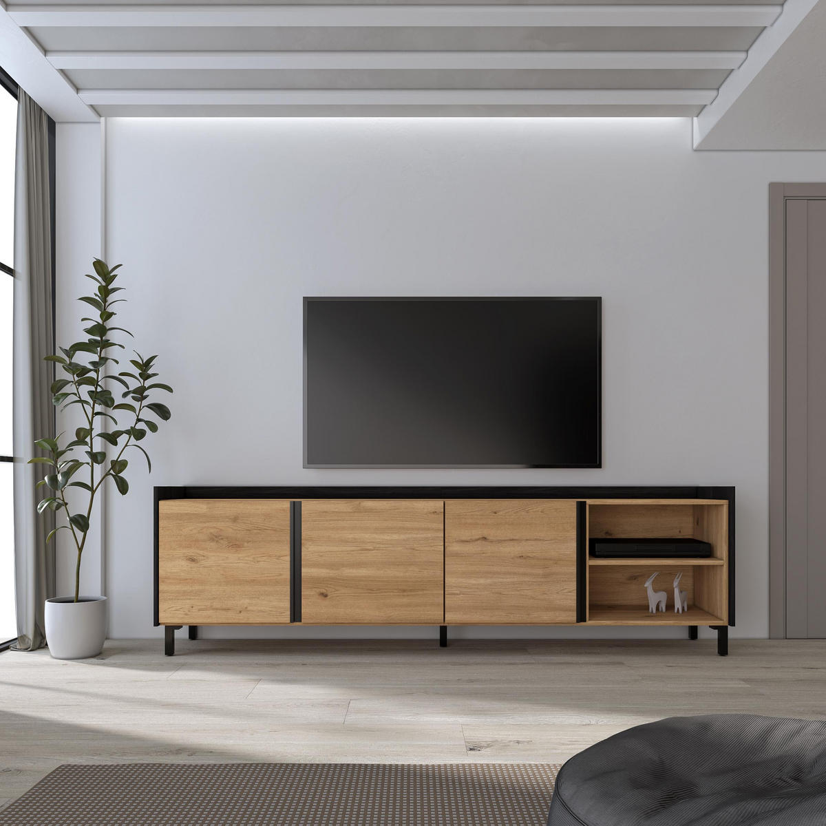 LOWBOARD, Eiche und Schwarz, 207/35/61cm, mit Beinen - Eichefarben, Holzwerkstoff (207/61/35cm) - Skraut Home