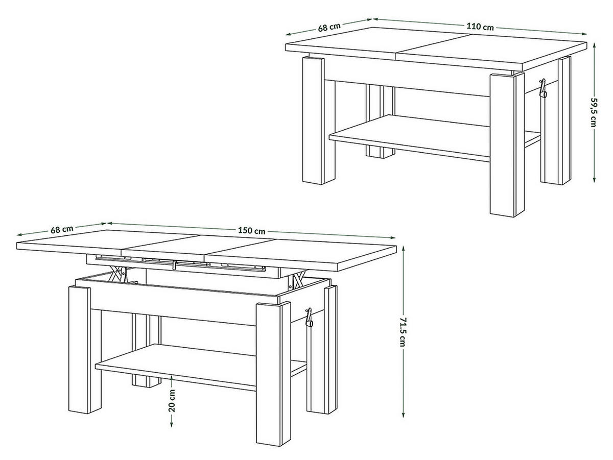 COUCHTISCH rechteckig Eiche Artisan - Anthrazit ausziehbar höhenverstellbar - Anthrazit/Eiche Artisan, Holzwerkstoff (68/110/59cm) - designimpex