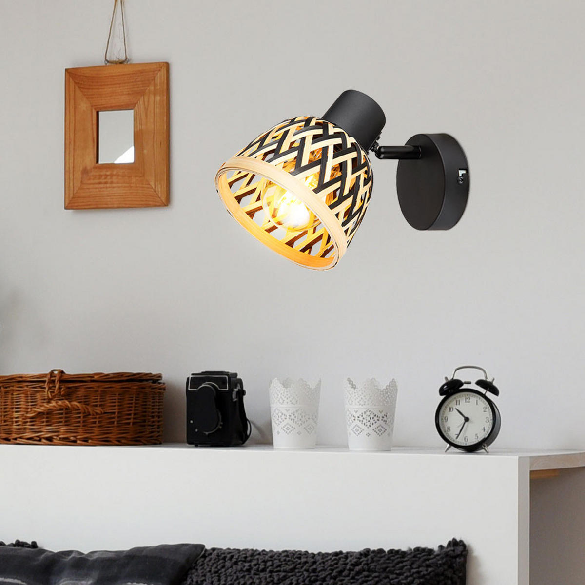 WANDLEUCHTE Metall Bambus Schirm Schwarz Braun - Schwarz, Holz (13/14/16.5cm) - Globo Lighting