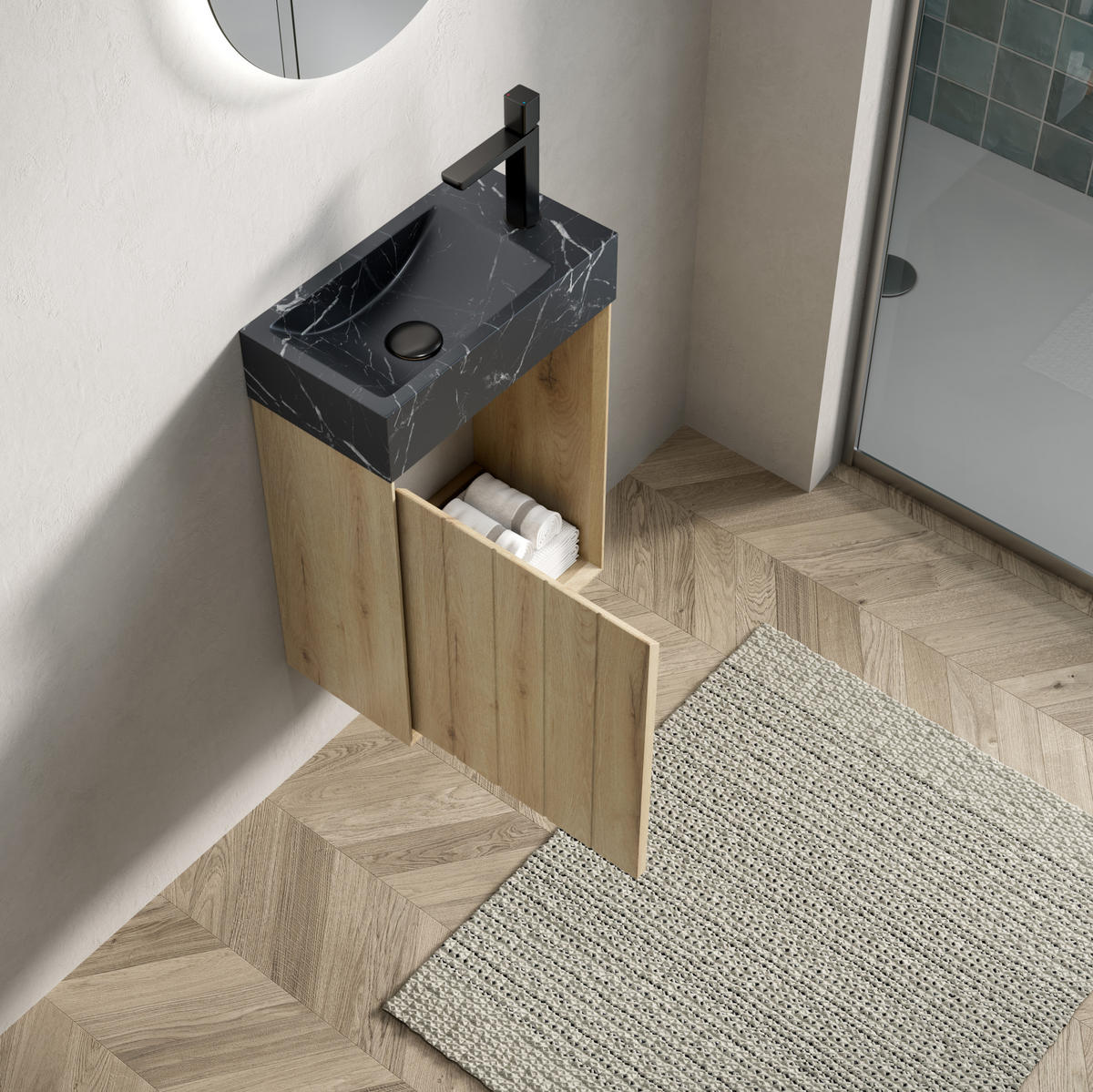 WASCHTISCH mit Unterschrank 40 cm Black/White Oak - Schwarz, Holzwerkstoff (22/58/40cm) - Beauniv