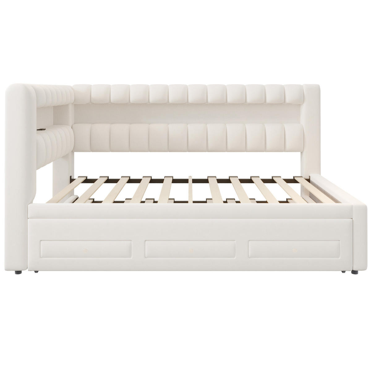 POLSTERBETT Schlafsofa aus Samt 90x190 cm Beige mit Ausziehbett, Stauraum, LED-Beleuchtung und USB-/Typ-C-Anschluss - Beige, Textil (90/190cm) - Modfu