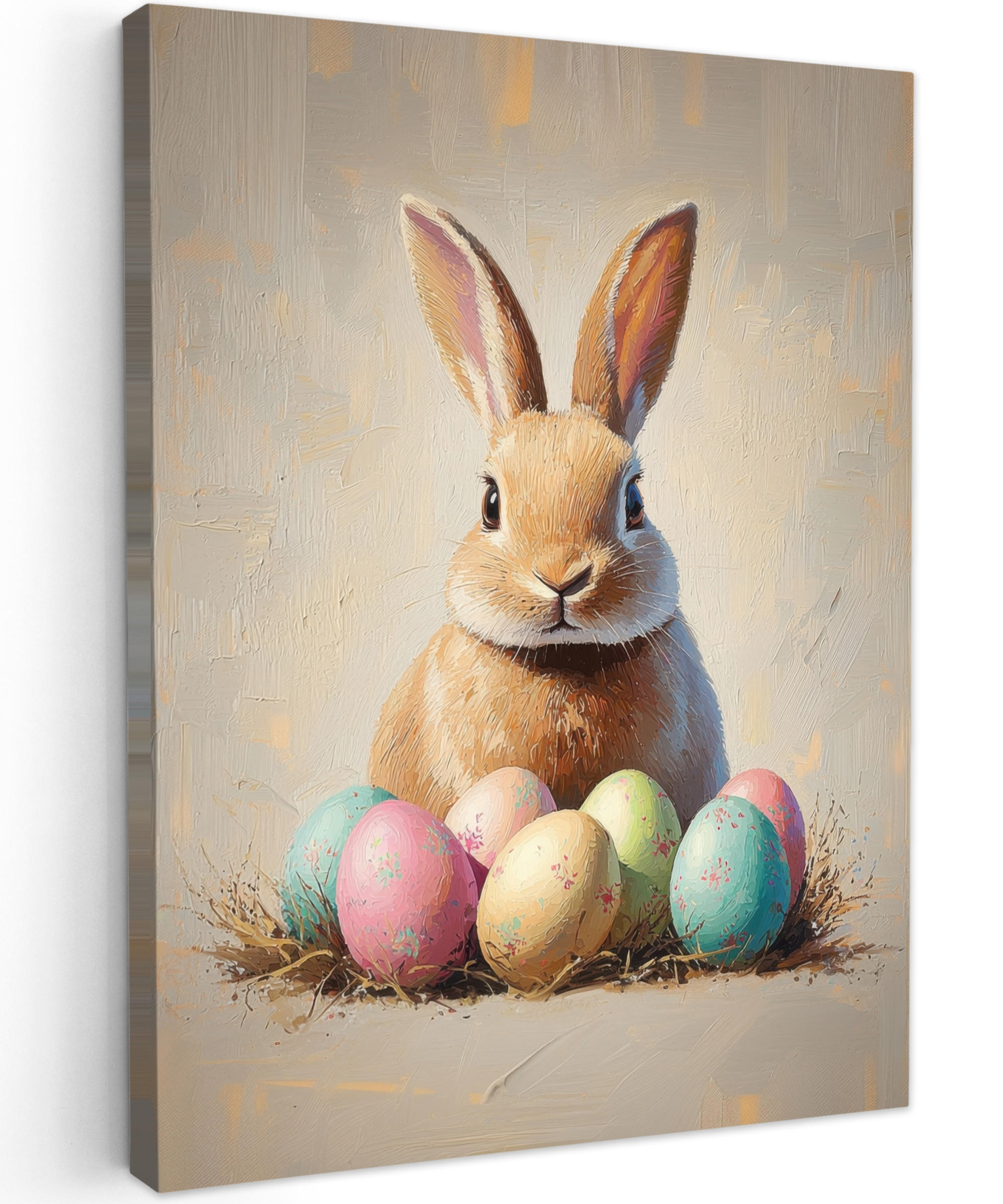 LEINWANDBILD Osterhase - Pastell - Eier Wandbild Wohnzimmer 60x80 cm - Beige, Textil (60/80cm) - MuchoWow