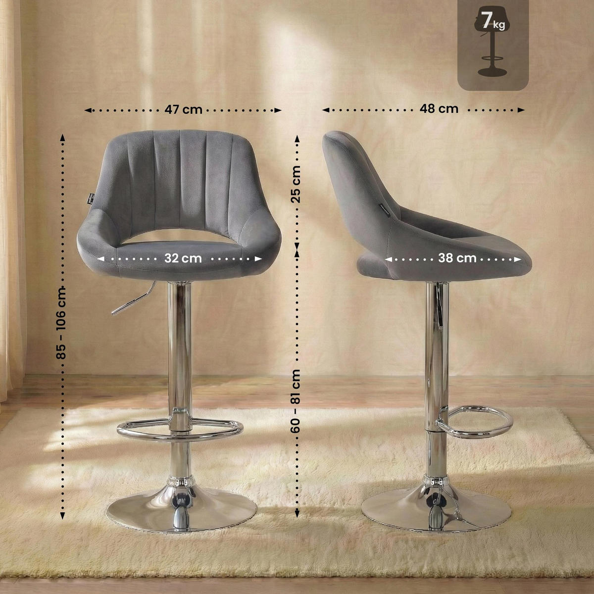 BARHOCKER Milet 85x47x48 cm dunkelgrau - Dunkelgrau, Textil (47/85/48cm) - furnicato