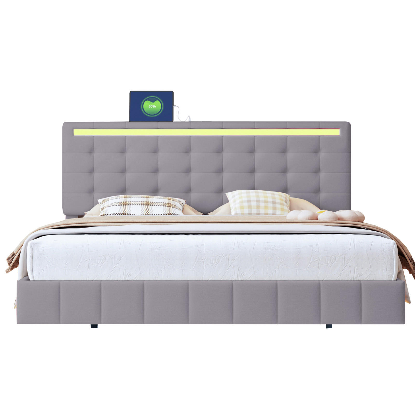 POLSTERBETT 160x200 cm, Grau, mit LED-Beleuchtung & USB - Grau, Textil/Metall (160/200cm)