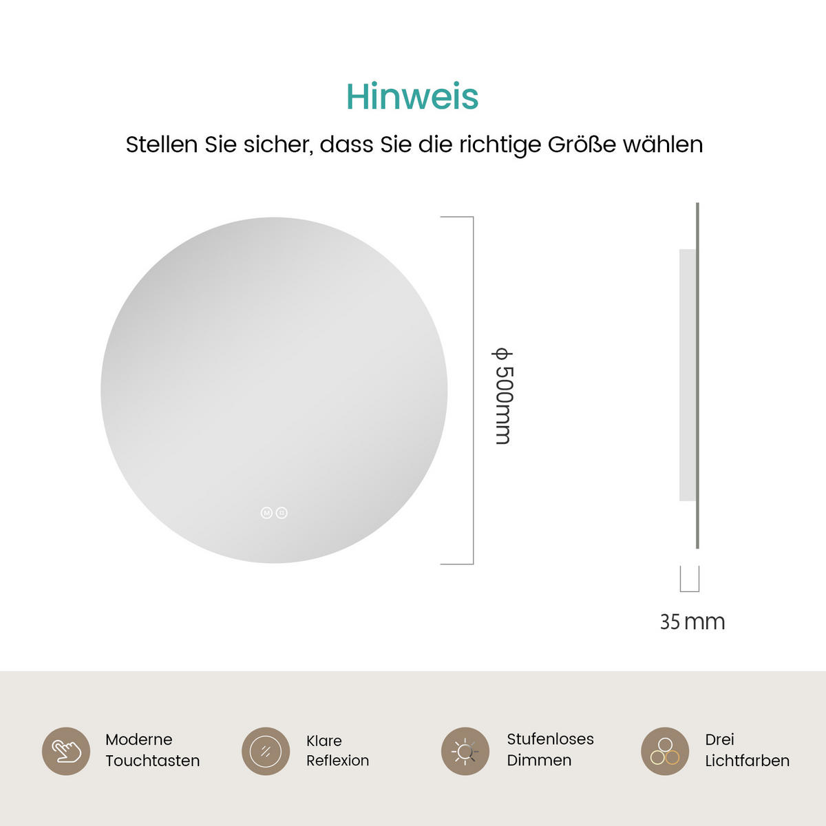 BADSPIEGEL rund mit Beleuchtung rahmenlos Ø50 cm - Weiß, Glas (50/3/50cm) - EMKE